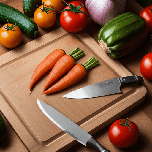 AI generated: food near wooden cutting board and knife,
tomatoes, zucchini, carrots, onions, garlic bulbs,
8K, foo...