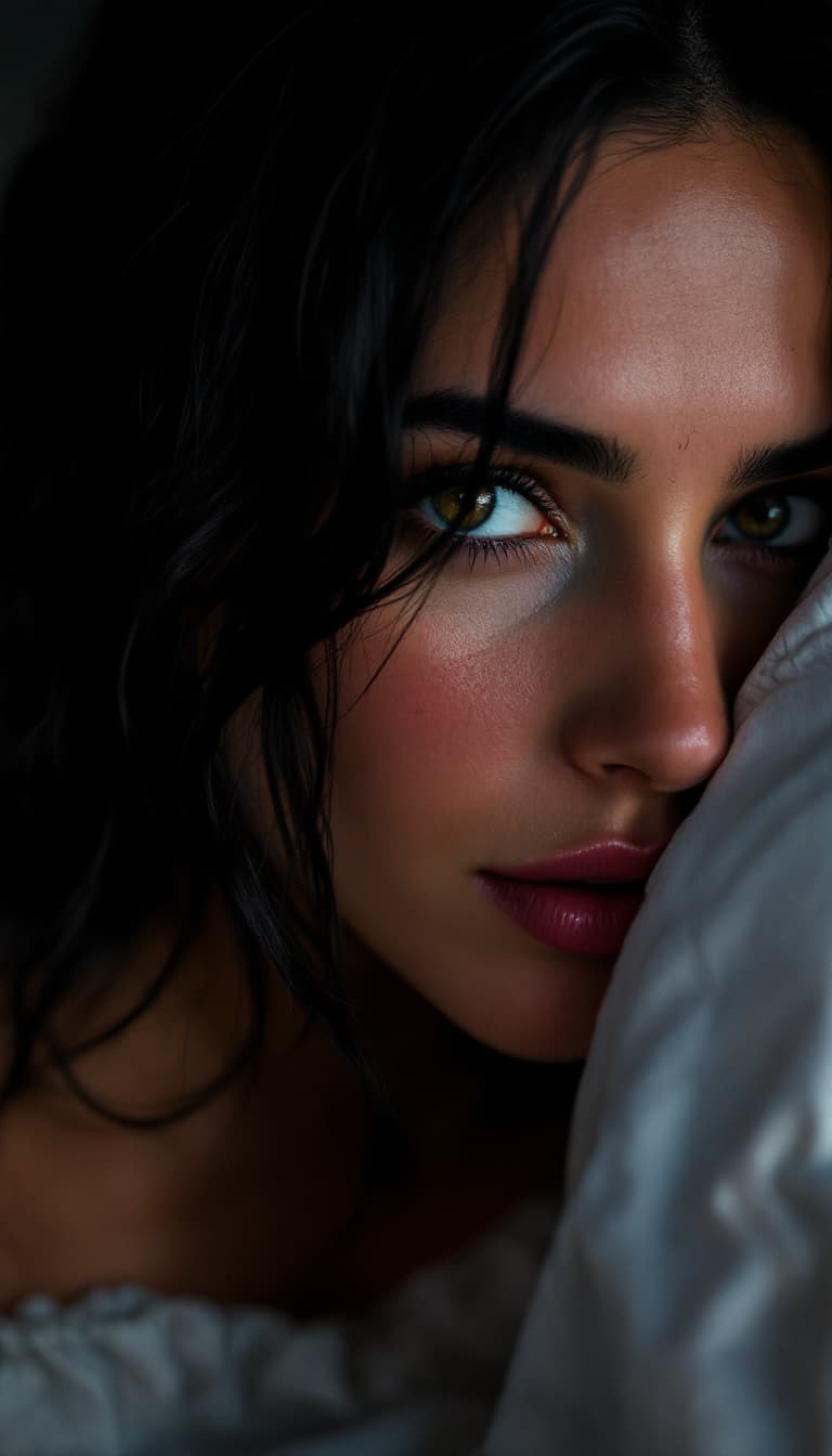 AI generated: A Close up view of Jennifer Connelly, polarized photo , High Quality , bedroom night 