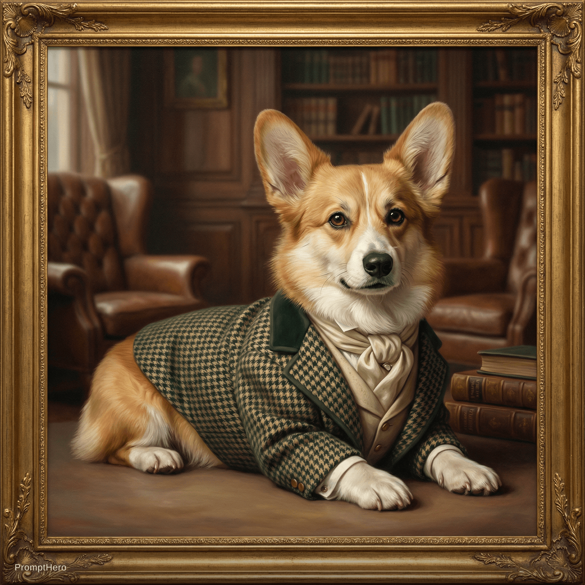 AI generated: Elegant portrait of a [ CORGI ] in old money style, classic tailored outfit, muted neutral tones (be...