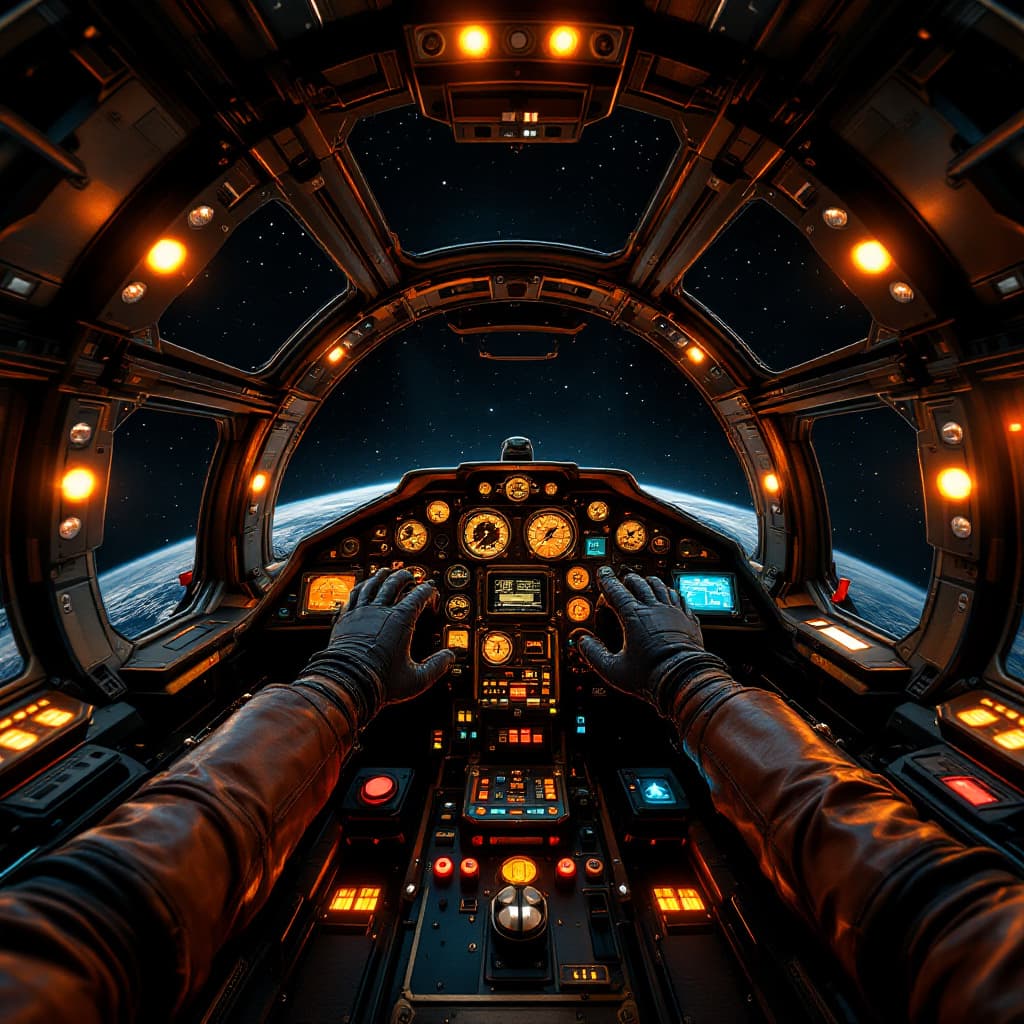 AI generated: First-person POV from the cockpit of a large steampunk-inspired spacecraft. The camera is fixed as i...