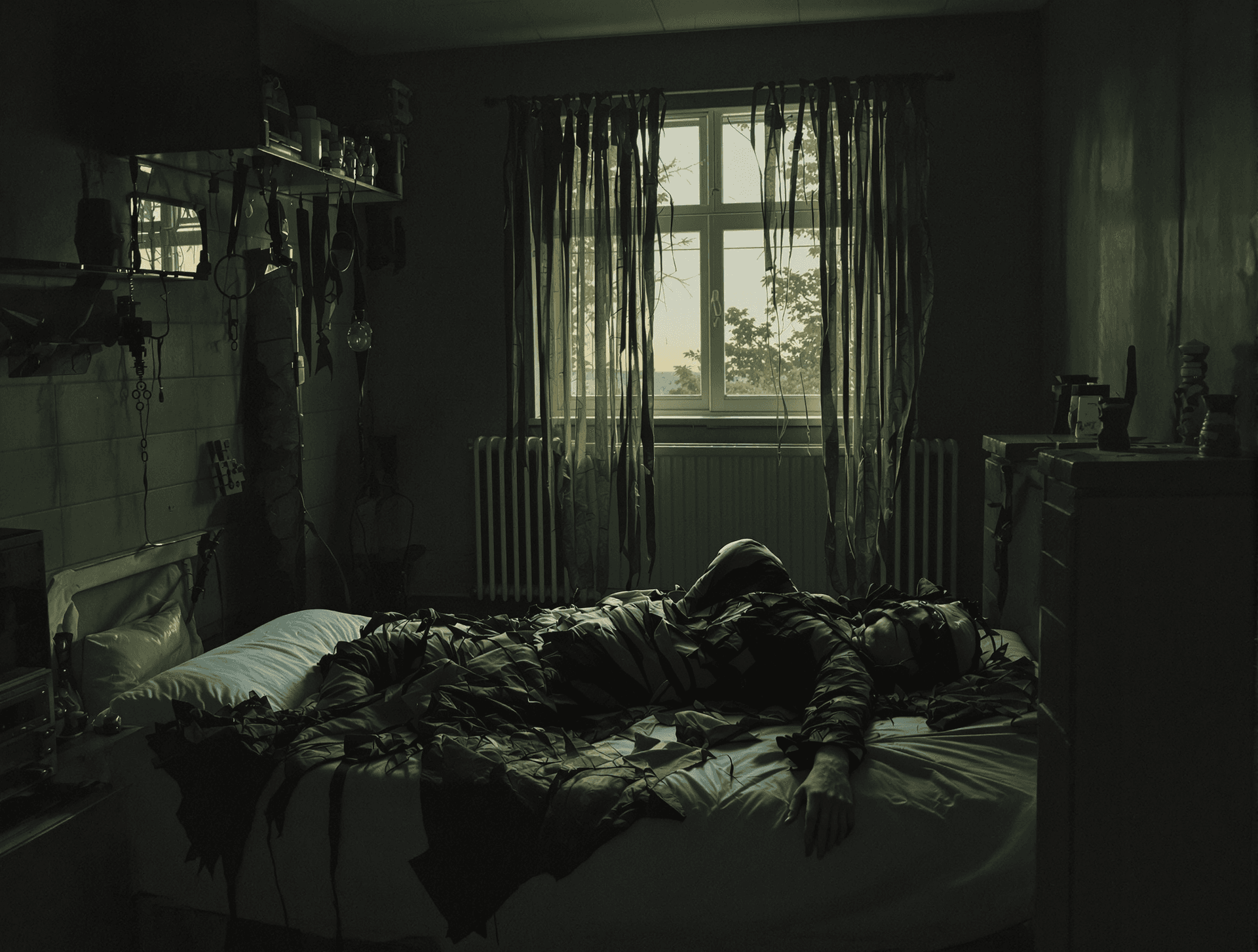 AI generated: /Artprompt Sci-fi, /artprompt sci-fi, inside a futuristic dystopian run down abandoned apartment, bl...