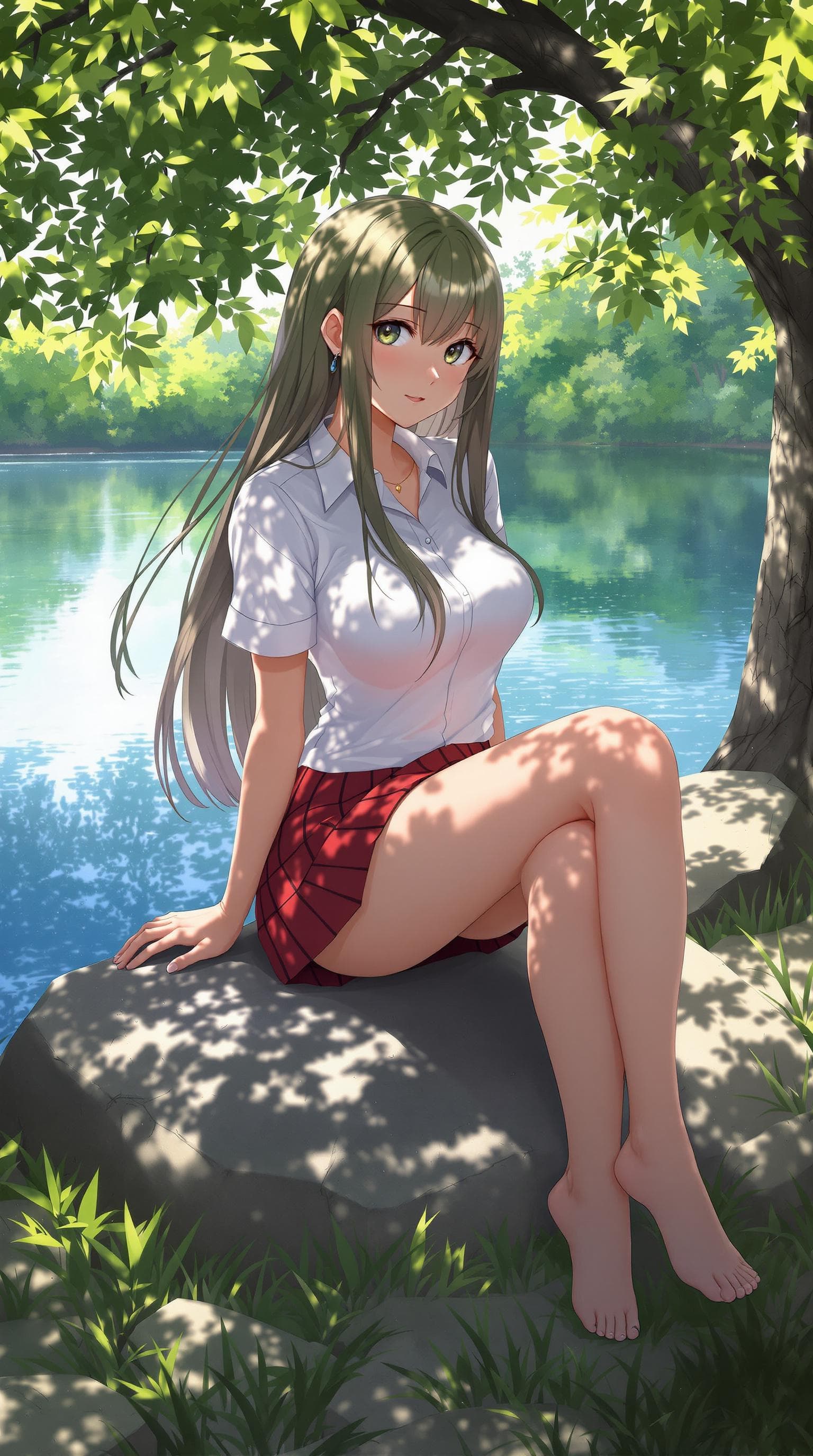 AI generated: realistic anime style , a girl, perfect anatomy, wearing a white short sleeves shirt, red pleated mi...