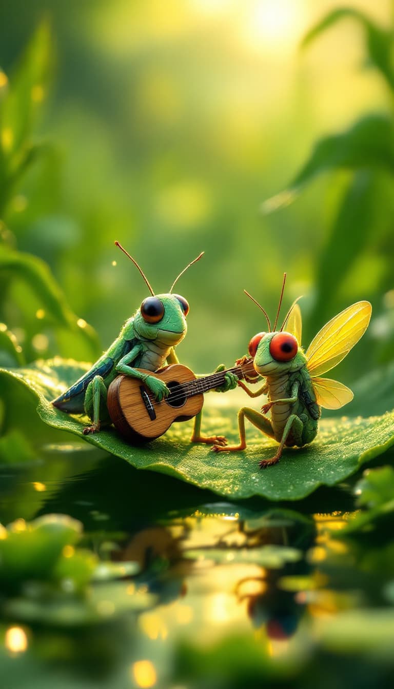 AI generated: "A whimsical scene in a lush green rice field at sunset, featuring a grasshopper and a cricket sitti...