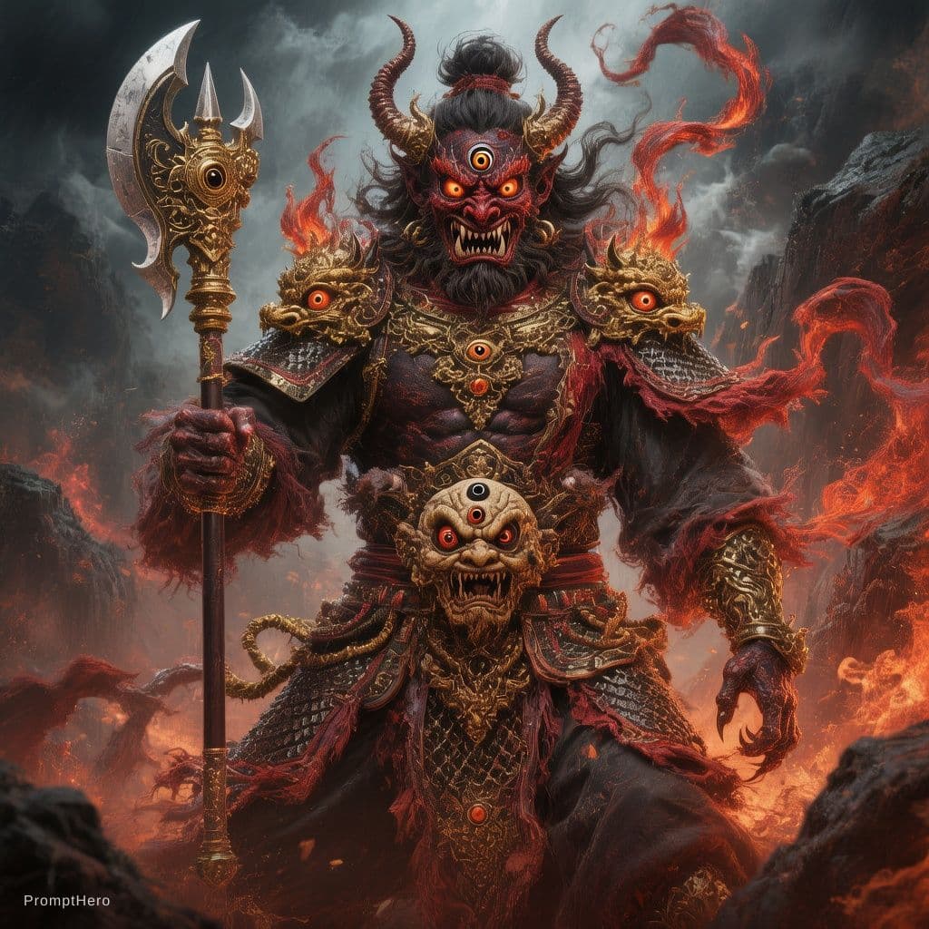 AI generated: Dark and demonic being with three eyes wielding a Chinese halberd 