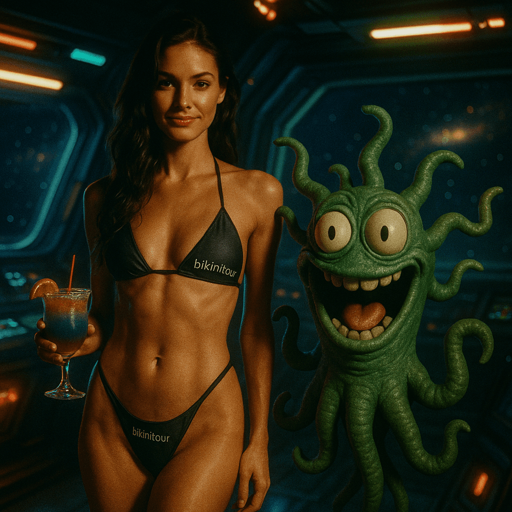 AI generated: A slim and toned woman in a stylish bikinitour bikini, holding a colorful cocktail, standing inside ...