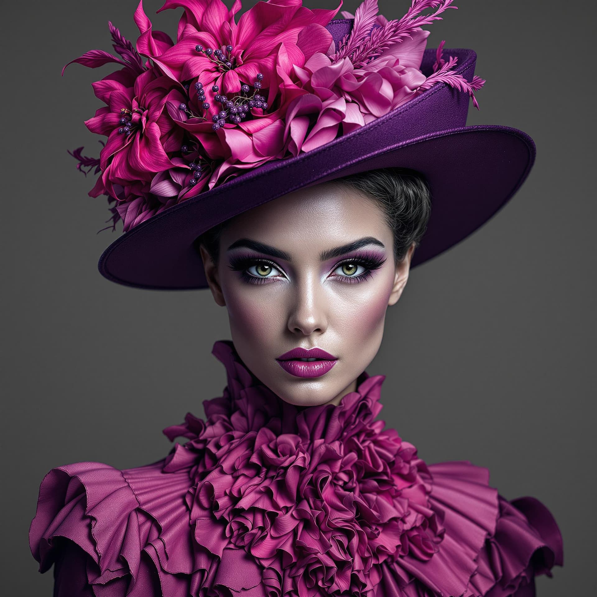 AI generated: This image is a bold mix of classic elegance and avant-garde fashion. The woman's gaze exudes confid...
