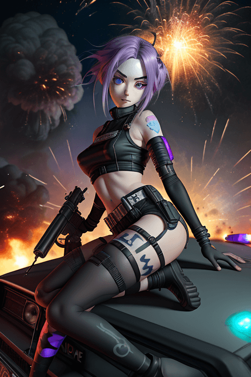 AI generated: Jinx, on top of a police car, explosions behind her, fire, chaos, minigun, far view, bullet hell, <l...