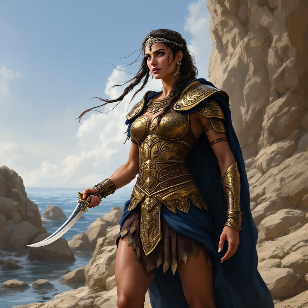 AI generated: a digital painting of Queen Teuta of Illyria stands on the rocky shore, watching Roman ships approac...
