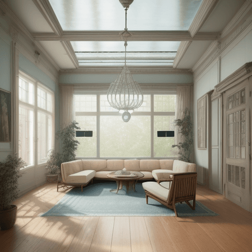 AI generated: High resolution photography interior design, dreamy sunken living room conversation pit, wooden floo...