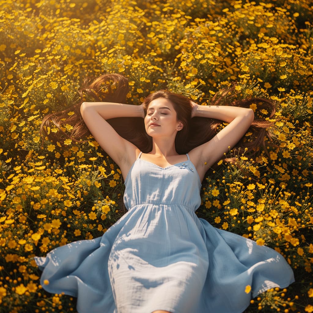 AI generated: A woman, viewed from above, sleeps peacefully with her arms above her head in the field of yellow fl...