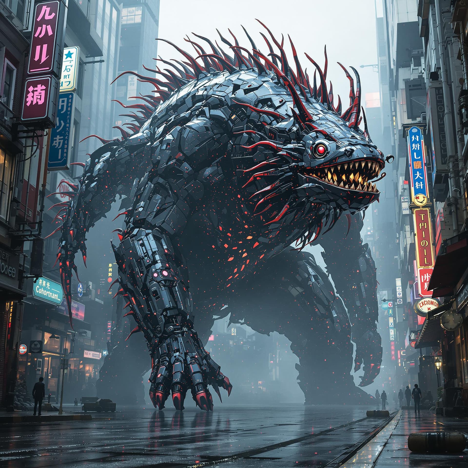 AI generated: Create a giant biomechanical kaiju invasion, axolotl cyberpunk features, 98 therefore of length, Ant...