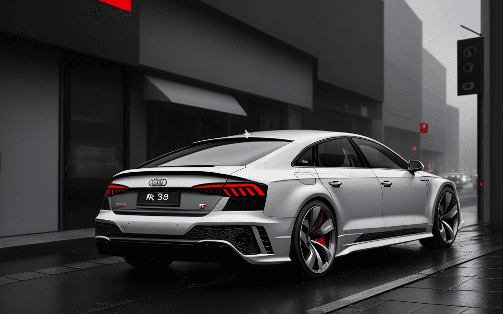 AI generated: audi rs8 concept, in the minimalist style, sleek city street, rainy, wet pavement, gray
