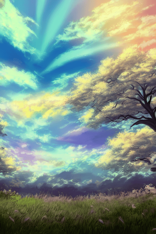 AI generated: anime style landscape twilight sky pastel colors with trees on the back, HD, beautyful, hyper-detail...