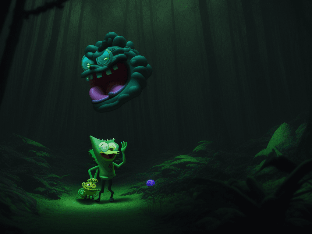 AI generated: SpongeBob escapes from a monster with glowing eyes in a dark forest,
jeff koons, cobra, strong facia...