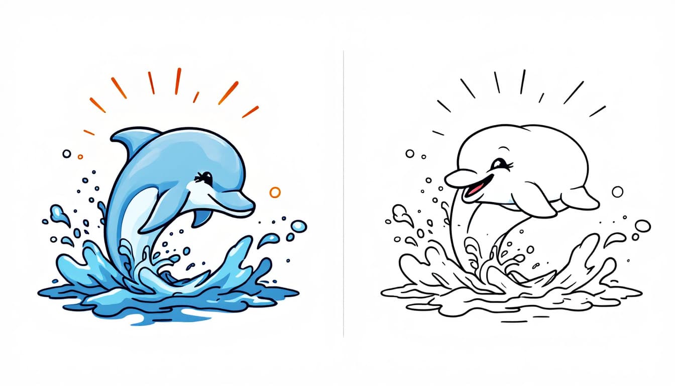 AI generated: Generate an image with a colored illustration of 'friendly dolphin jumping out of the ocean' on the ...