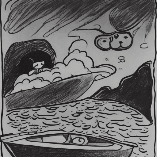 AI generated: Tove Jansson black and white style : : storm, rocks, night, one cat in a kayak : : --hd