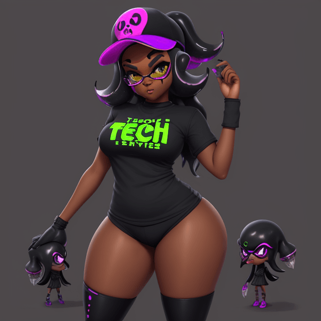 AI generated: tech, dark skin, thick thighs, evil, splatoon, inkling girl