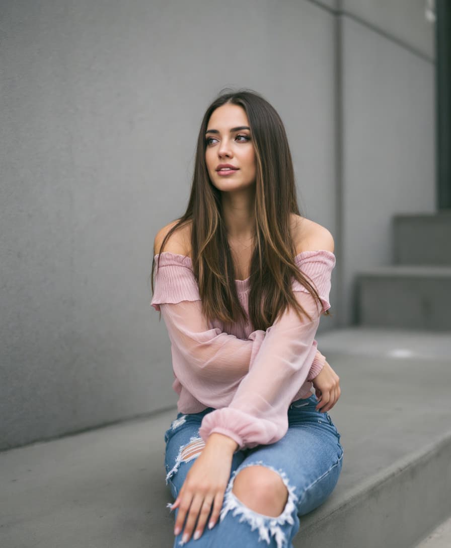 AI generated: A woman is seated on a wide step with her legs crossed. Her straight long brunette hair frames her b...