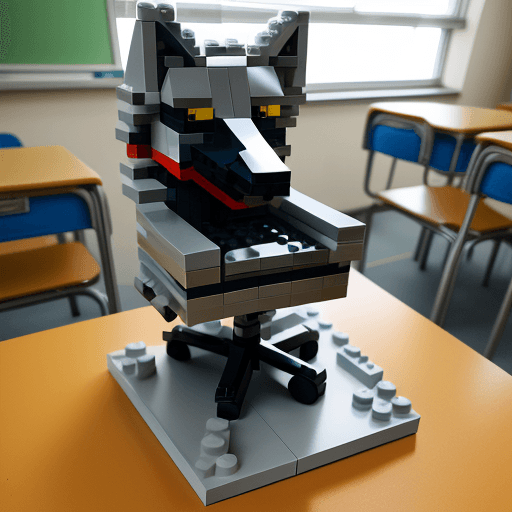 AI generated: a  wolf sit on classroomchair all parts will be created by lego full body