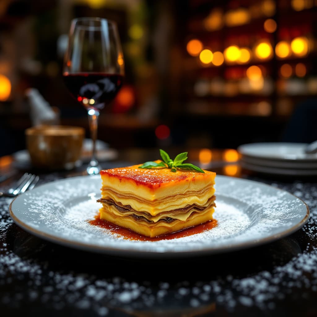 AI generated: 
Capture a delicious LASAGNE 
in close-up, exuding tempting appeal, at a 3 MICHELIN star restaurant....