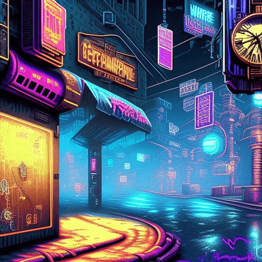 AI generated: High resolution background in cyberpunk style, clocks steampunk inspired floating around, dreamworld...
