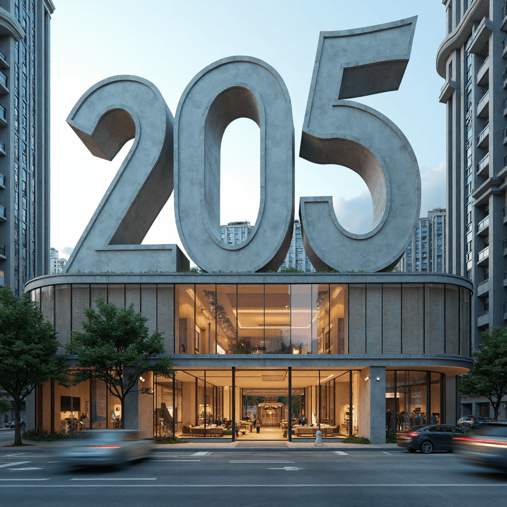 AI generated: a huge business center in the middle of the city, designed in the form of a huge number 205