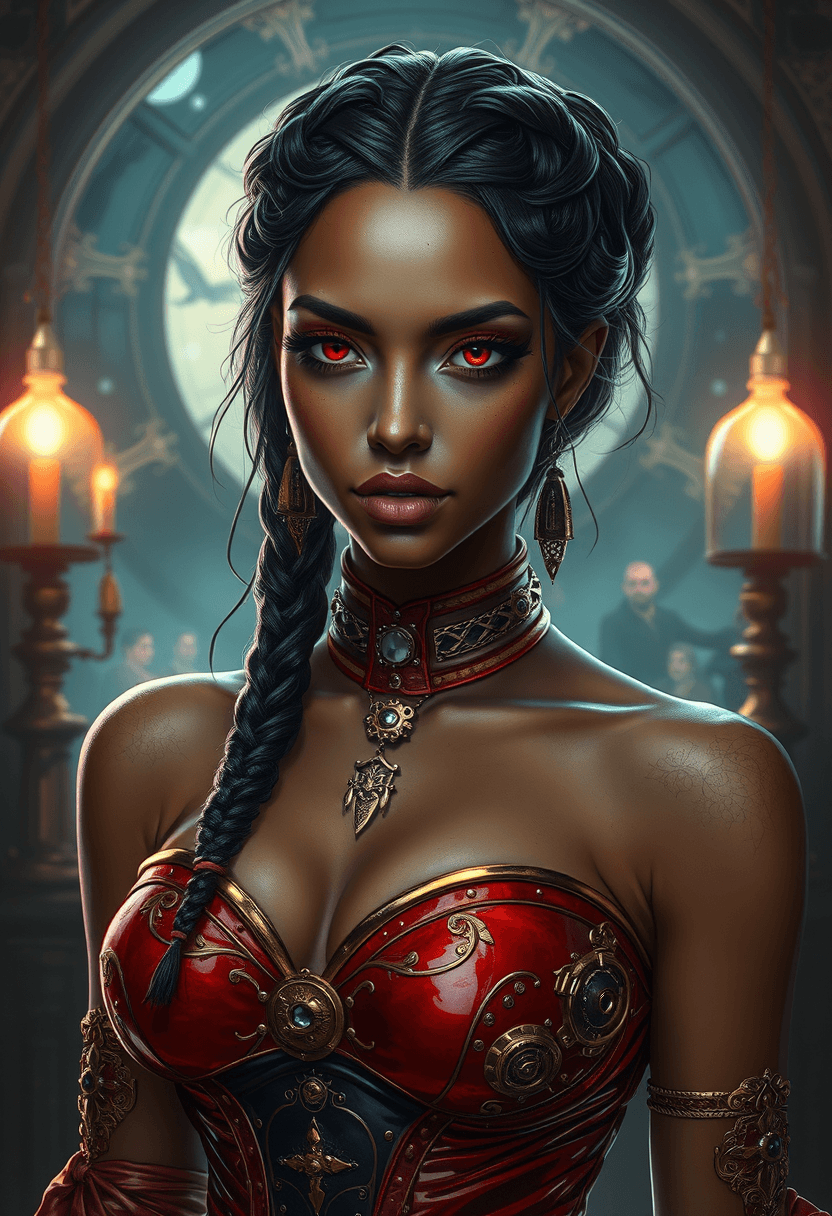 AI generated: A stunning vampire babe with brown skin, braided black hair, and red eyes