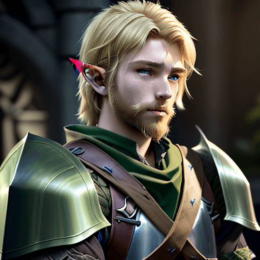 AI generated: 19 year old young Half-Elf male from D&D, shaggy blonde hair, bearded, ranger, black and light green...