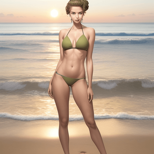 AI generated: A woman with a confident stance standing on a beach during sunset. Her body is squarely facing the v...