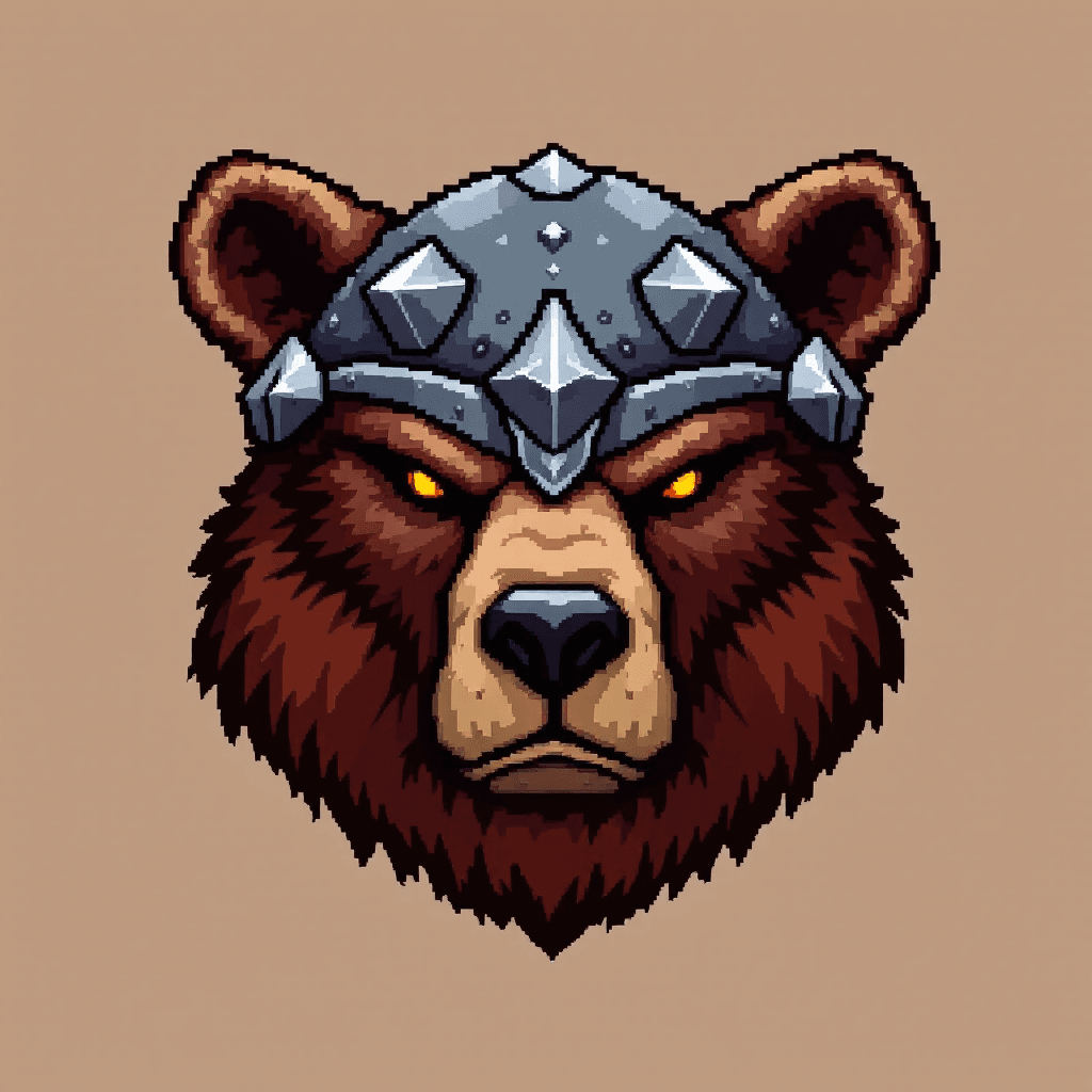 AI generated: Create a pixel art sprite of an orc helmet, made from a bear's head. It will be used as an icon for ...