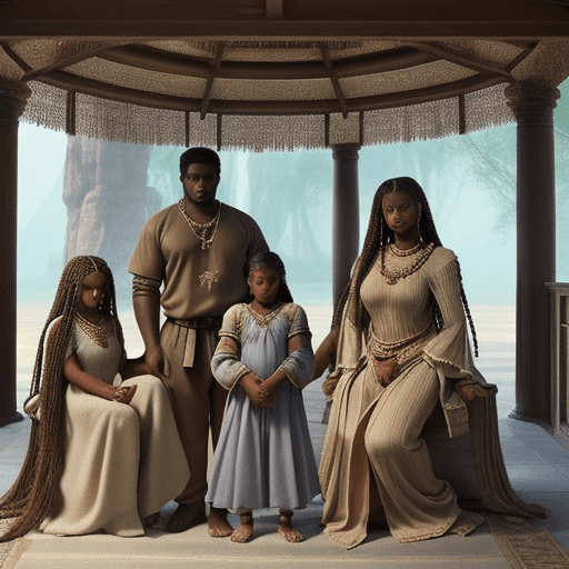 AI generated: Ancient family of brown skinned gods, soft fantasy attire, dressed in clothes, stationed inside of f...