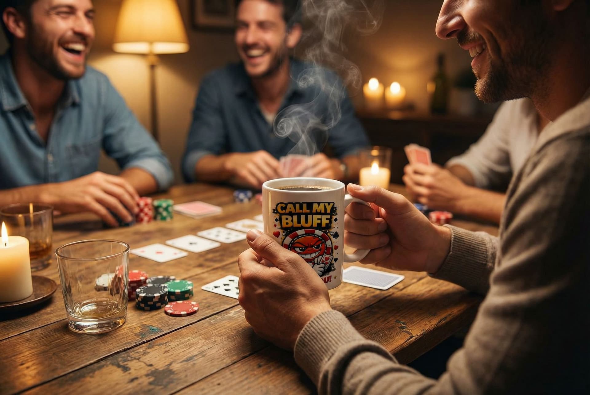 AI generated: Lifestyle photograph of a person holding a ceramic coffee mug, casual poker night setting, warm ligh...