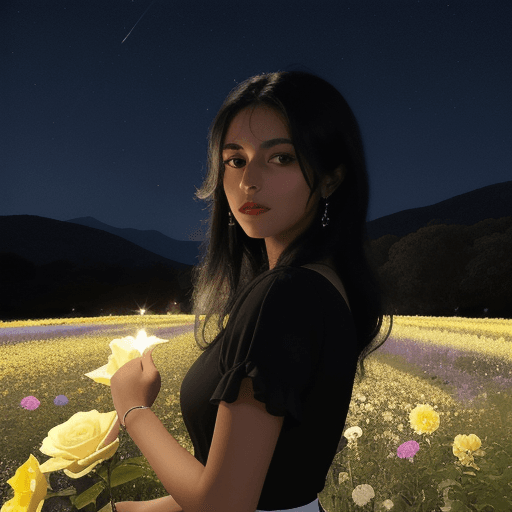 AI generated: rosa negra con aura dorada eterea brillante a su alrededor, en un campo de flores en la noche