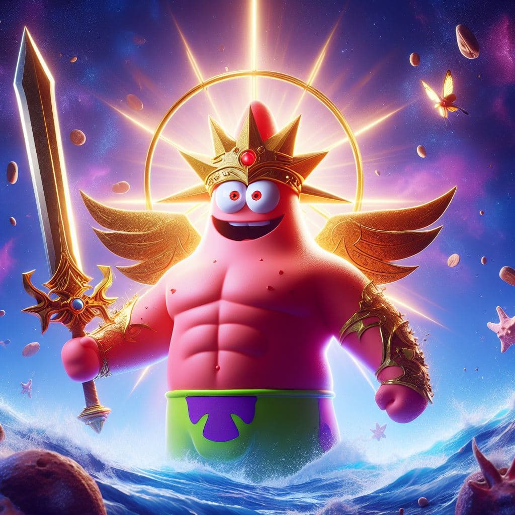 AI generated: Patrick Star is the mightiest god with a sword, red eyes, heroic pose, divine and celestial light, m...