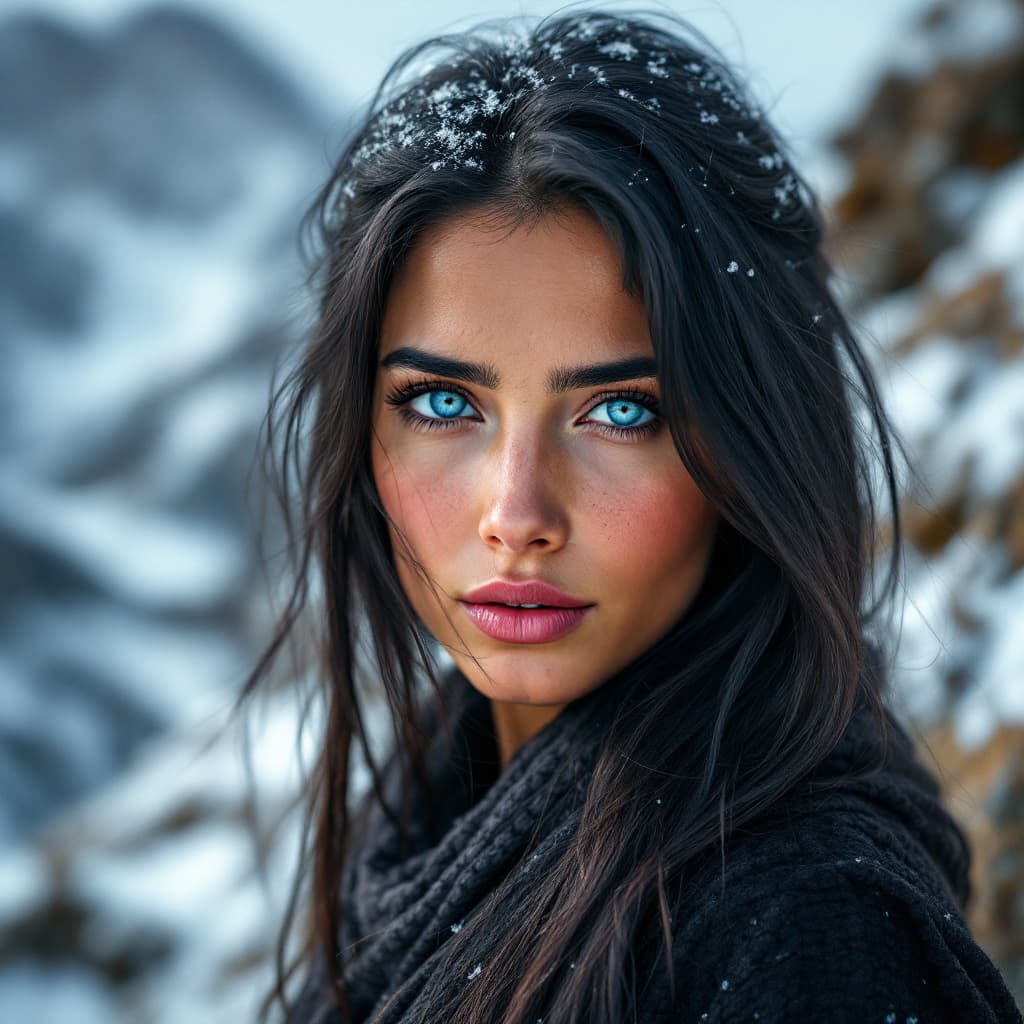 AI generated: In a mountain with snow, A close-up color portrait of an Afghan woman with blue eyes, long black hai...