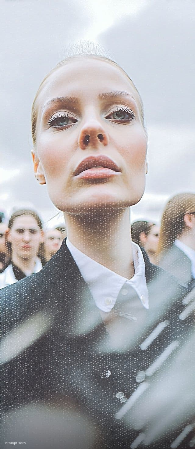 AI generated: Paparazzi-style extreme close-up photo of a woman with striking facial features, caught off-guard wh...