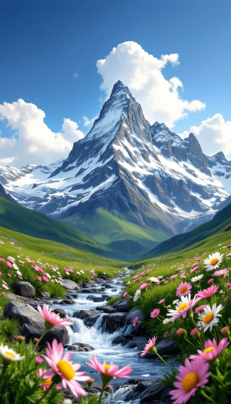 AI generated: A photorealistic landscape photograph of a majestic snow-capped mountain peak against a vibrant blue...