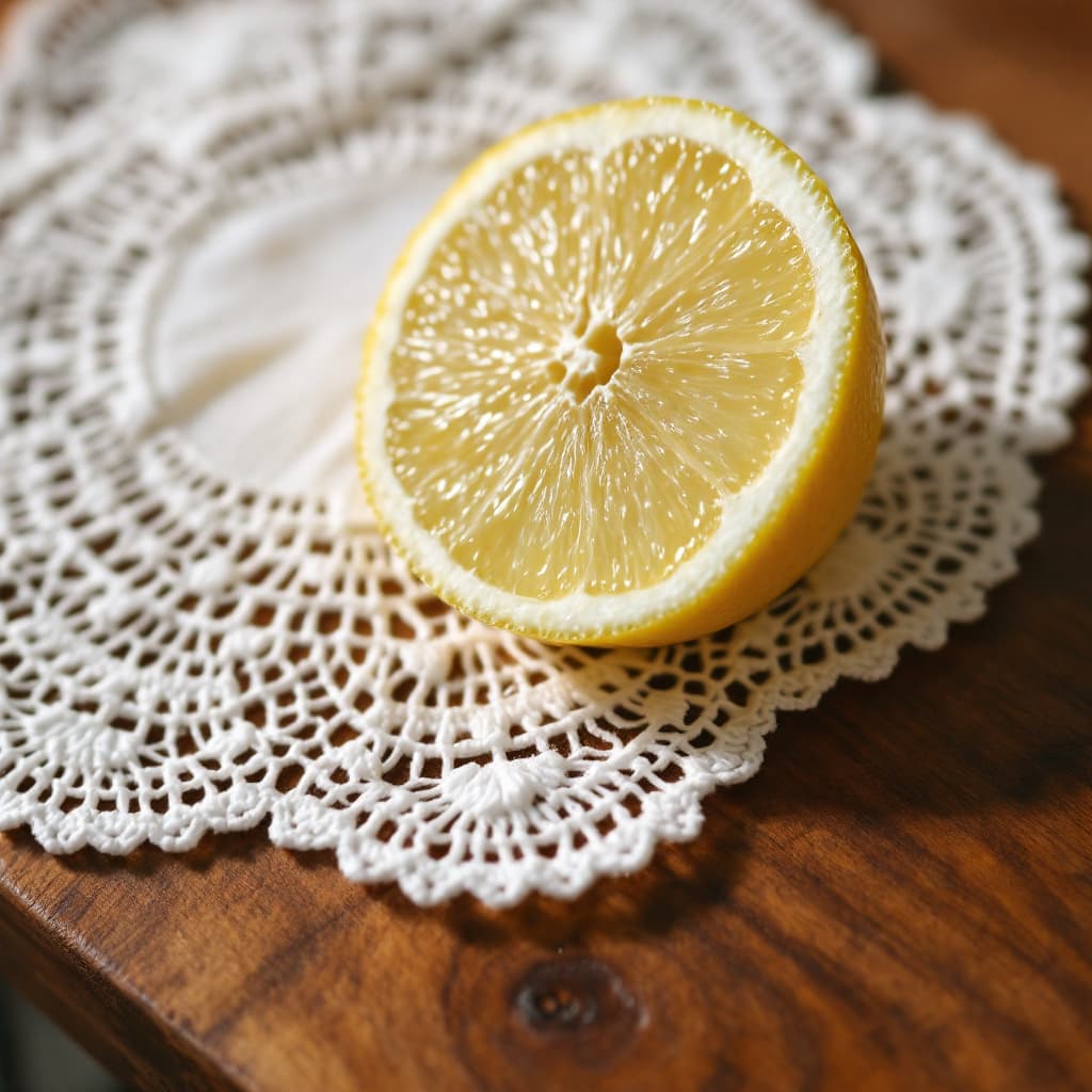AI generated: hyper realistic sliced lemon on a chalk white doily and dark mahogany grained table