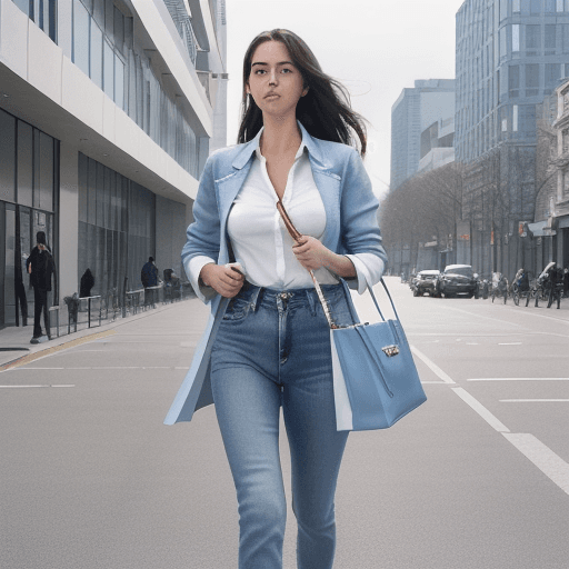 AI generated: The image features a woman walking down a street while holding a handbag. She is wearing a white shi...