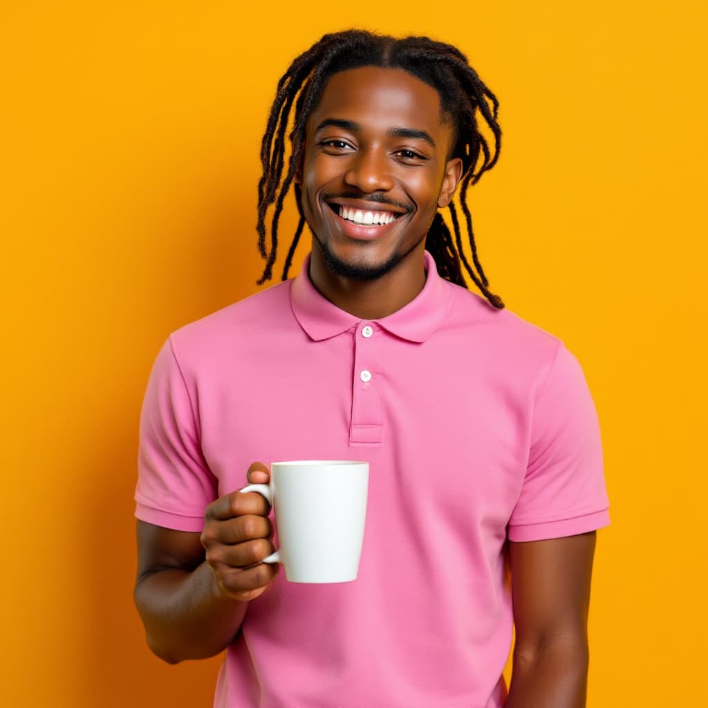 AI generated: A brown young man with a African braids hair style, wearing a polo pink t-shirt, smiling happily whi...