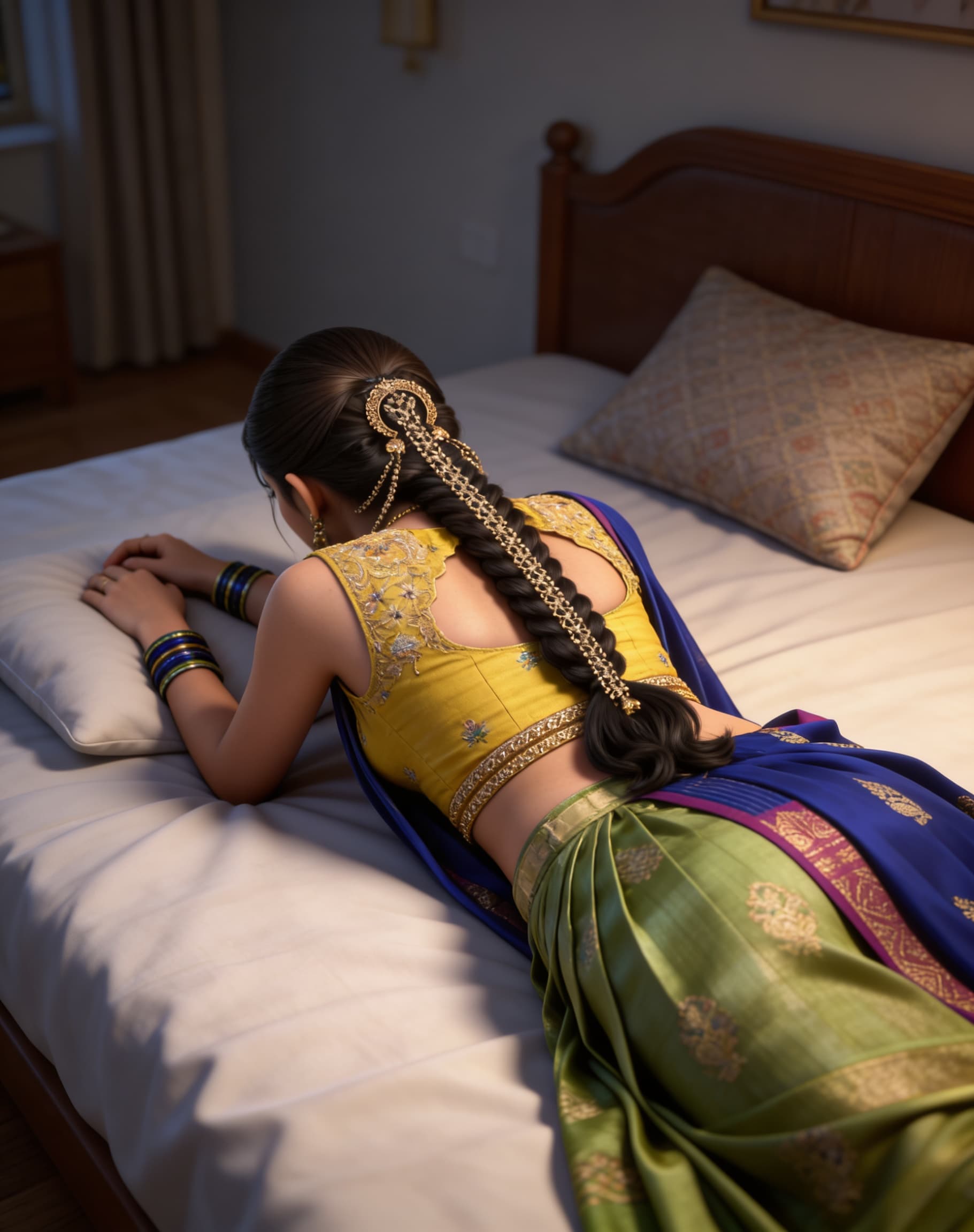 AI generated: Create a High Ultra Realistic picture as this Indian girl is lying sleeping face down on bedroom wit...