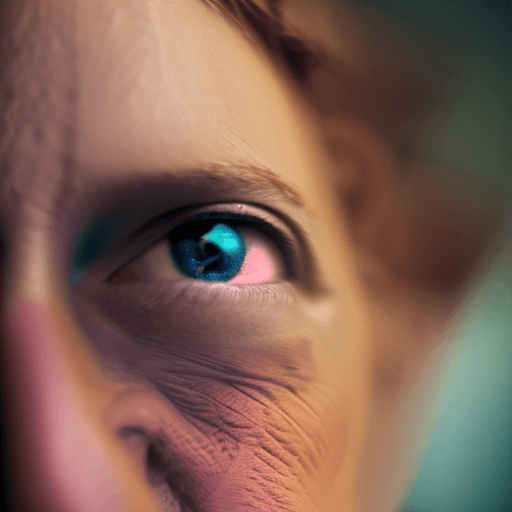 AI generated: colors, sharp light blue eyes, A soul-stirring close-up portrait of a woman, grins, her grace enhanc...