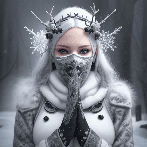 AI generated: DamShelma's art capturing an awe-inspiring lady cyborg, snowy backdrop, voodoo mask intricate patter...
