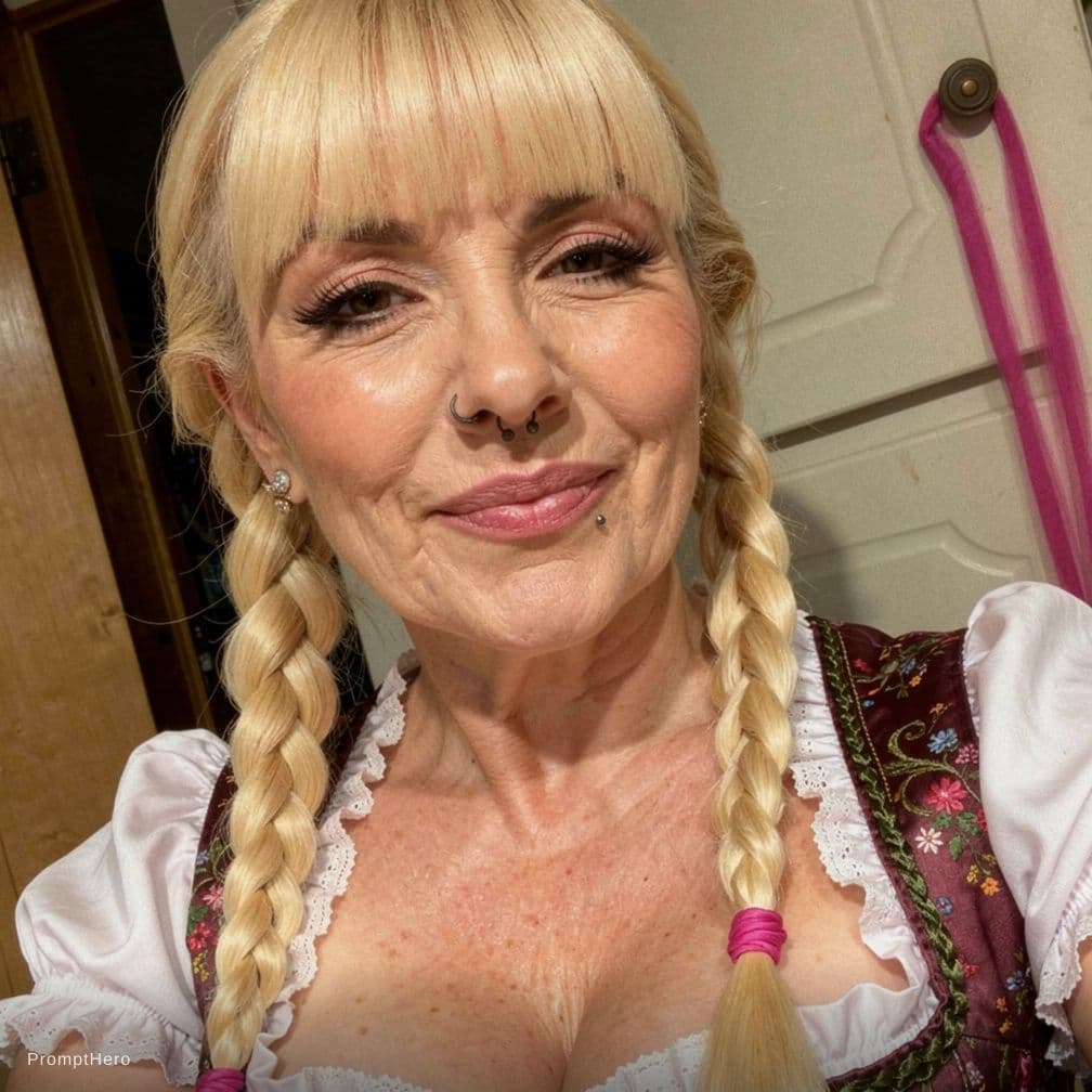AI generated: (photo of 50yr old, busty blonde woman), (huge tits out of dress), visible tits, pale skin, twin bra...