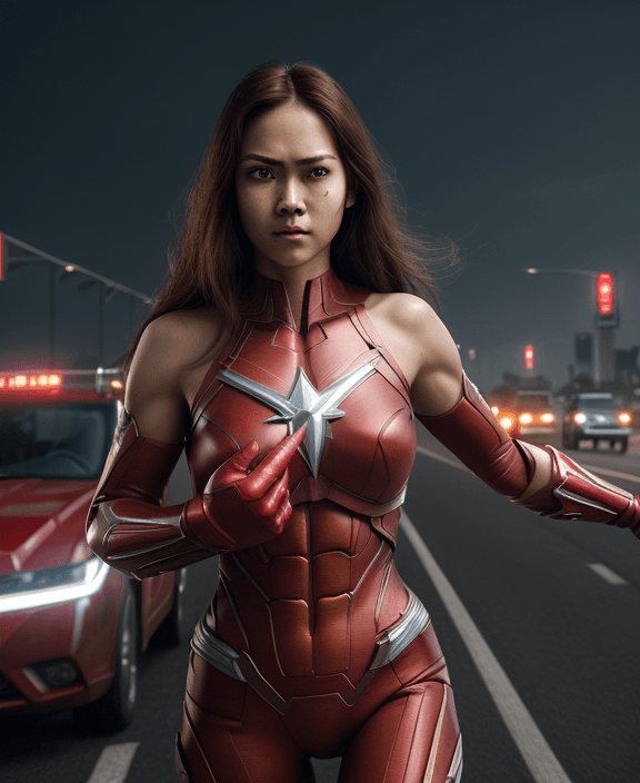 AI generated: epic realism, superhero from Indonesia, red costum, beautiful girl, shoulder length hair, perfect bo...