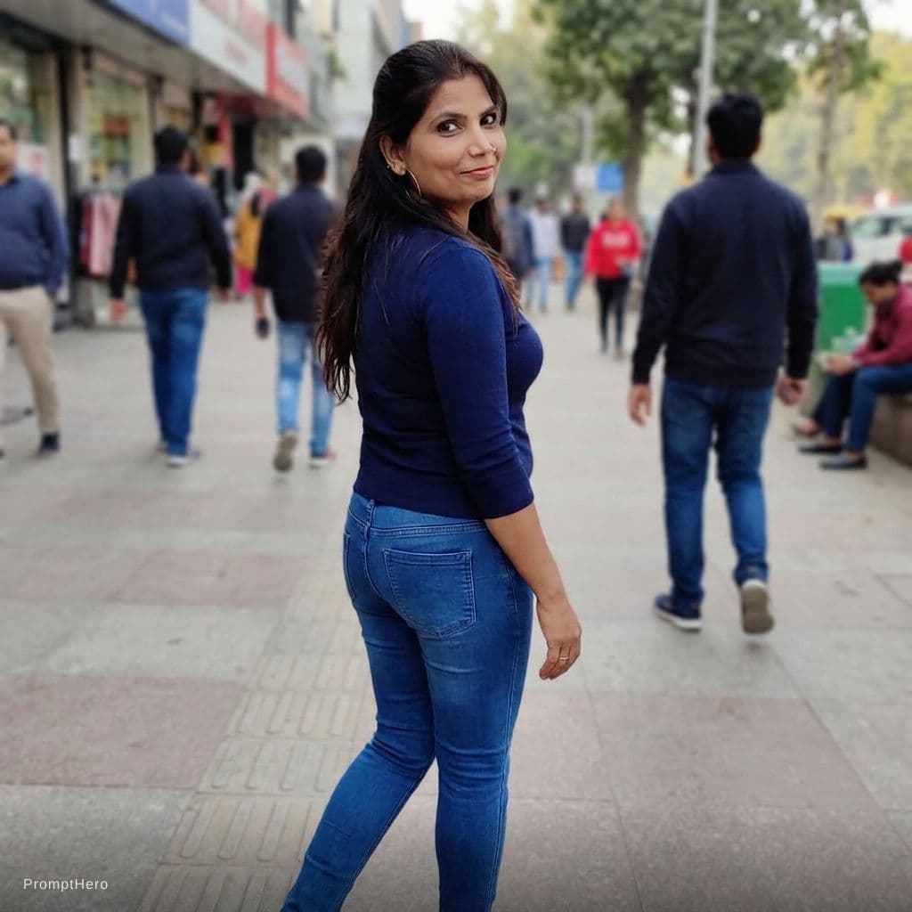 AI generated: 
Have her walking away looking back smirking,  wearing fit jeans and a top