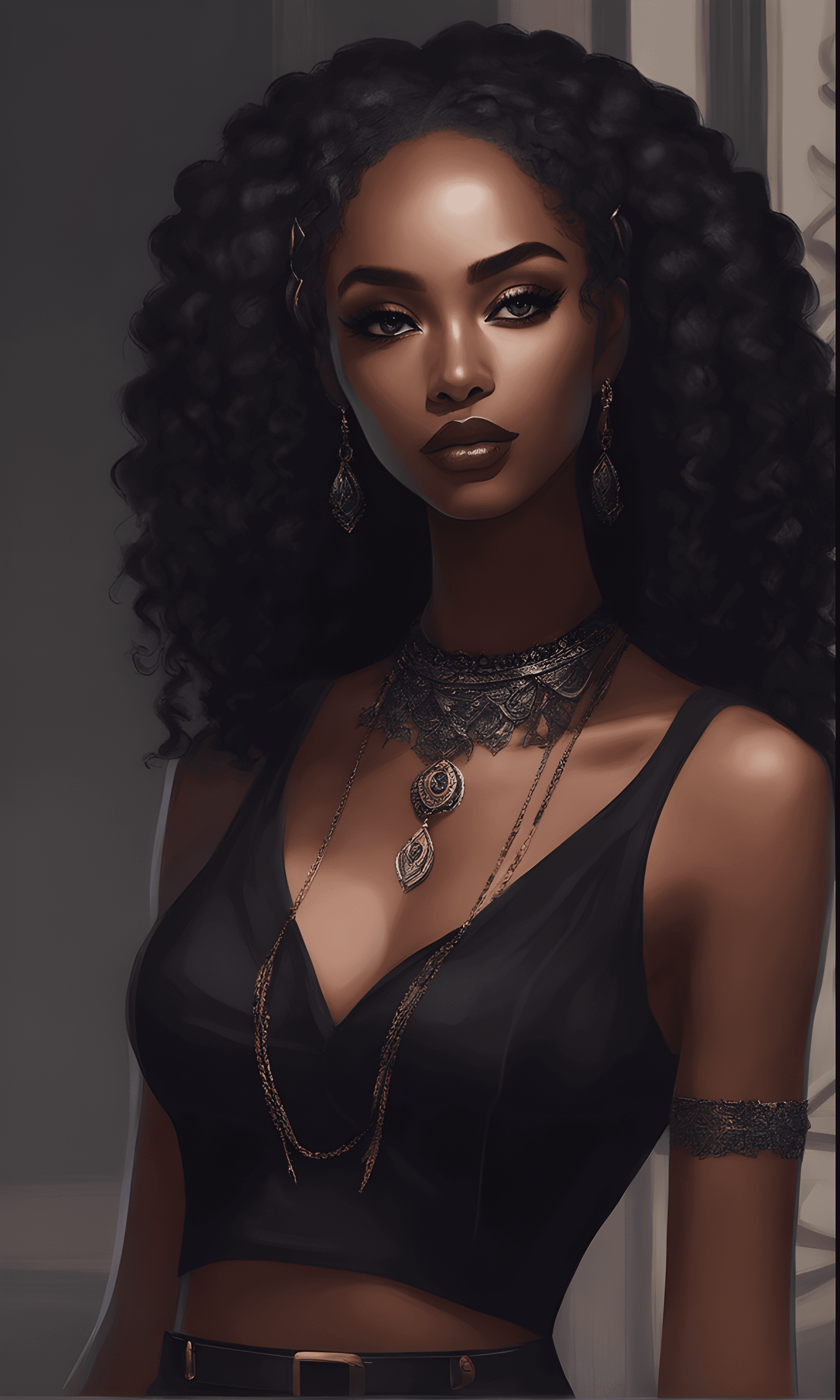 AI generated: (best quality, masterpiece), 1girl, blurry background, upper body, contemporary, afro-gothic, long c...