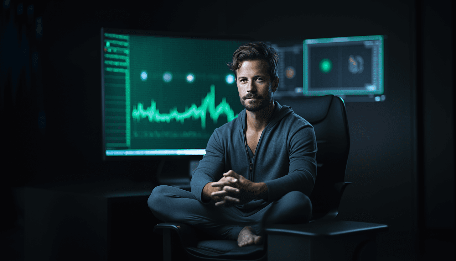 AI generated: Photography of a 30 years old casual man professional trader sit on his room, meditating, eyes close...