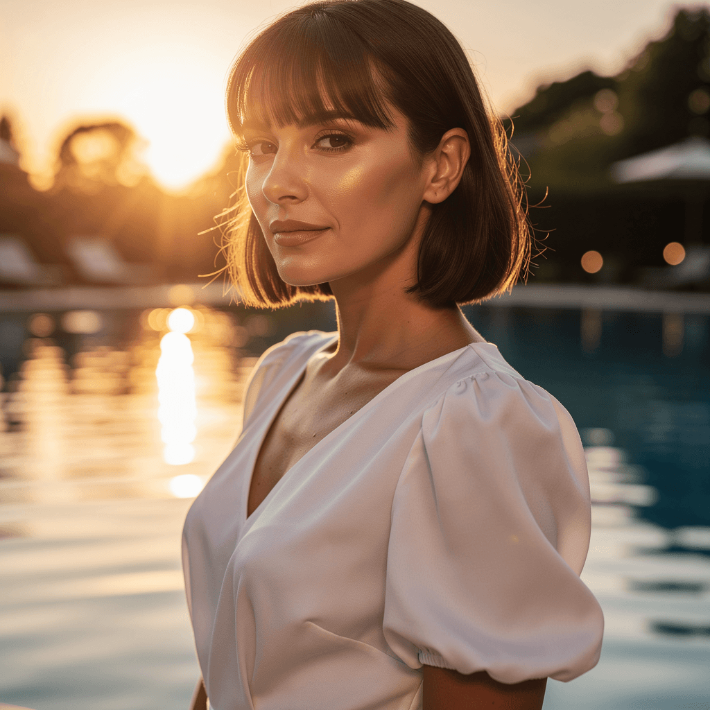 AI generated: Create a photorealistic image of a fit adult woman standing by a pool at sunset. She has short, dark...