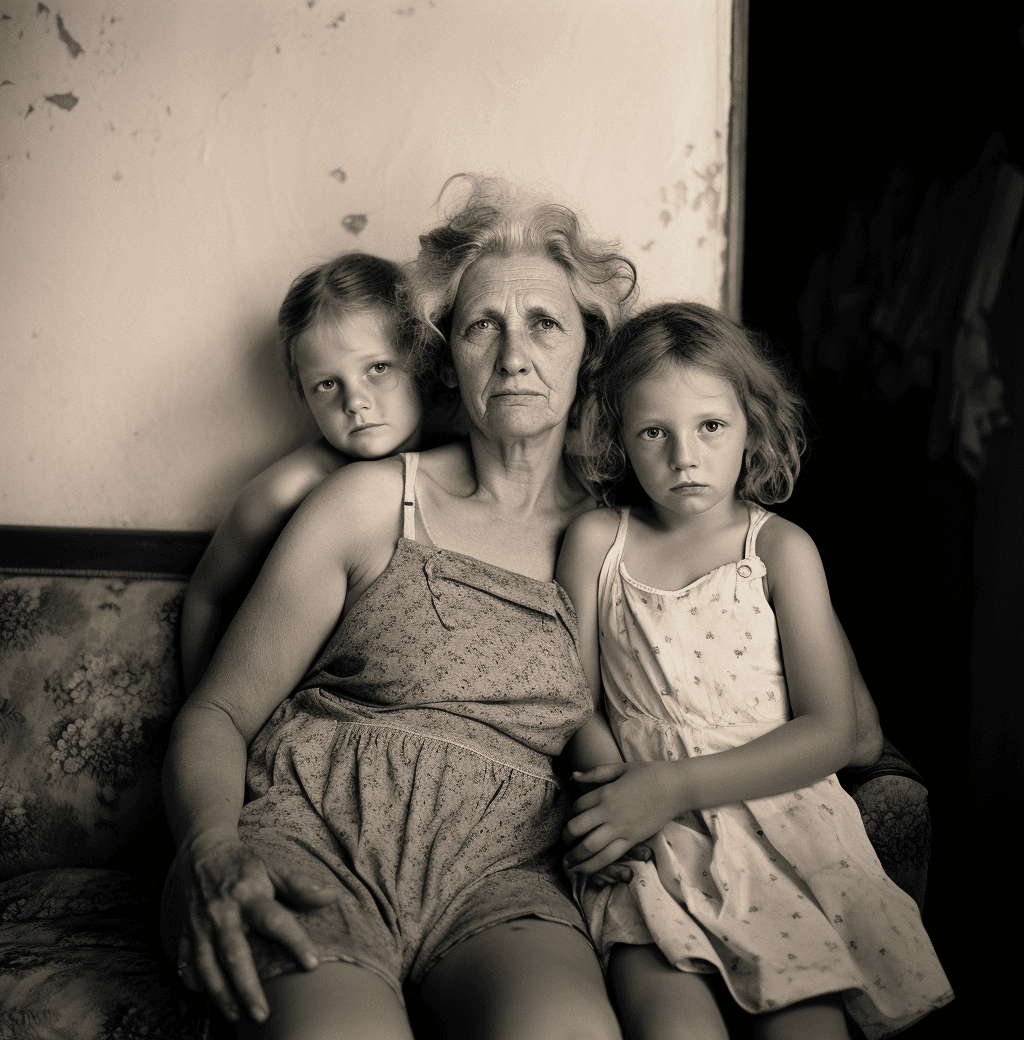 AI generated: black and white portrait of an old woman sitting on the couch with her two young daughters, wearing ...